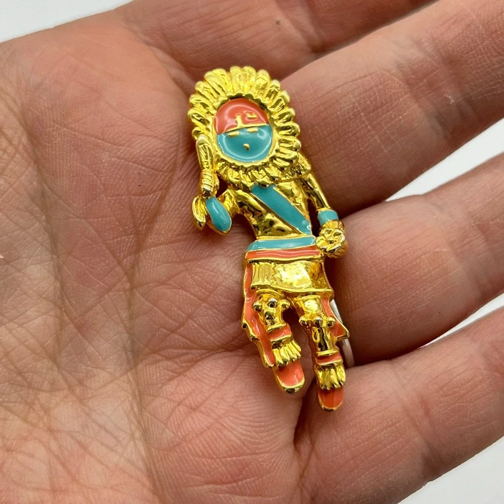 Native‎ American Style Dancer Pin Gold Tone Enamel Turquoise Coral Accents